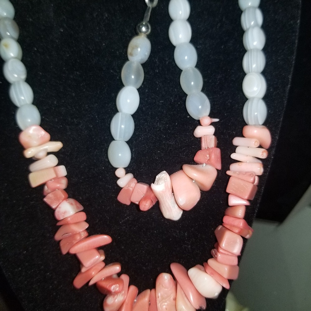 Coral and gray stone necklace,bracelet,earrings